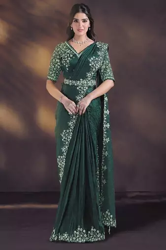 green satin silk blend sequins, hand work with blouse, belt designer ready to wear saree
