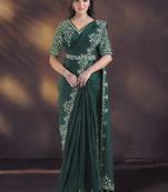 green satin silk blend sequins, hand work with blouse, belt designer ready to wear saree