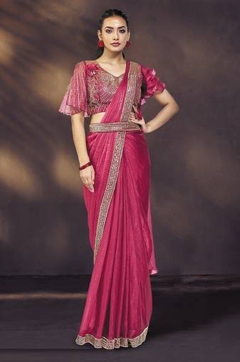pink satin silk blend pure handwork, khatli work with designer blouse, belt ready to wear saree