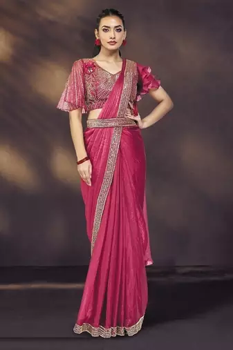 pink satin silk blend pure handwork, khatli work with designer blouse, belt ready to wear saree