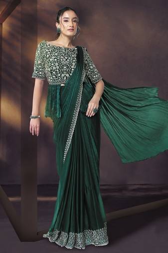 Green shimmer chiffon pure handwork, khatli work with designer blouse, belt ready to wear saree