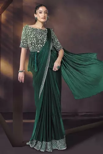 Green shimmer chiffon pure handwork, khatli work with designer blouse, belt ready to wear saree