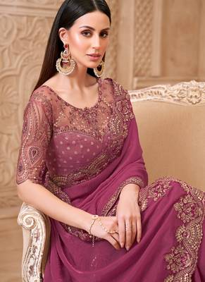 mulbery georegtte sequince & resham work brocade silk blend designer blouse party wear saree 2