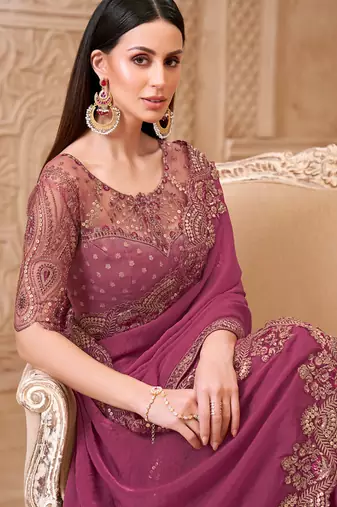 mulbery georegtte sequince & resham work brocade silk blend designer blouse party wear saree