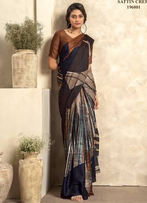brown & multicolour satin silk blend digital printed saree 1
