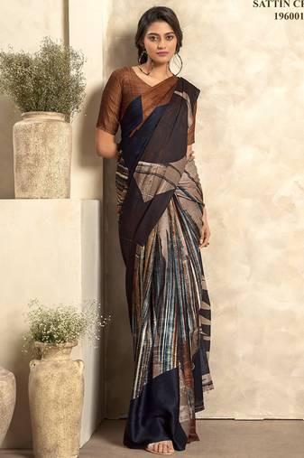 brown & multicolour satin silk blend digital printed saree