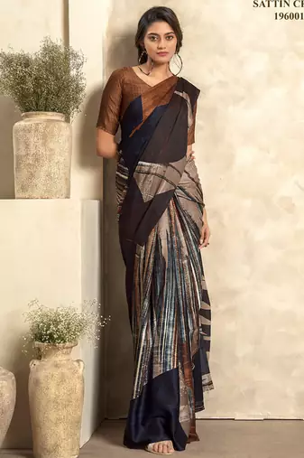 brown & multicolour satin silk blend digital printed saree