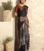 brown & multicolour satin silk blend digital printed saree