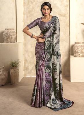 mouve & multicolour satin silk blend digital printed saree 1