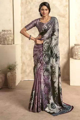 mouve & multicolour satin silk blend digital printed saree