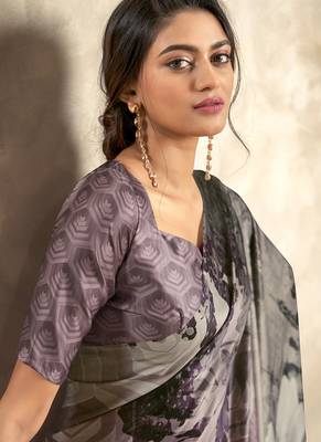 mouve & multicolour satin silk blend digital printed saree 2