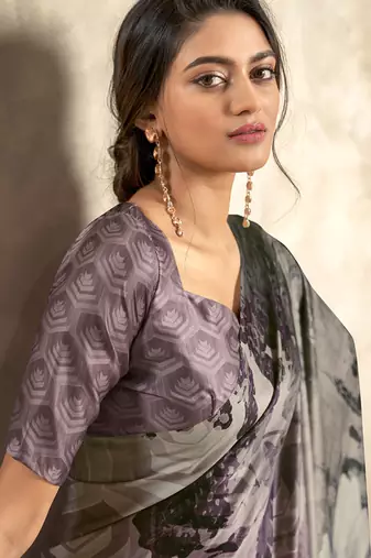 mouve & multicolour satin silk blend digital printed saree