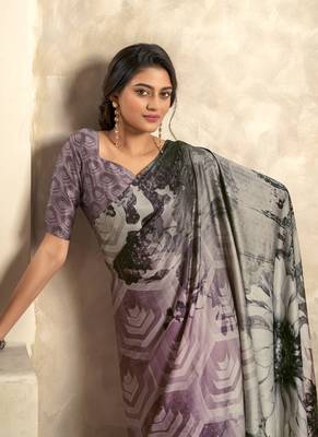 mouve & multicolour satin silk blend digital printed saree 3