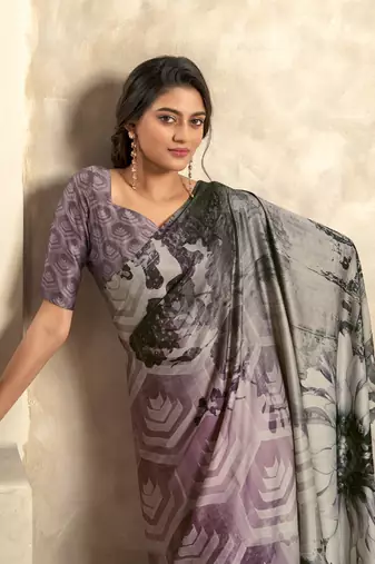 mouve & multicolour satin silk blend digital printed saree