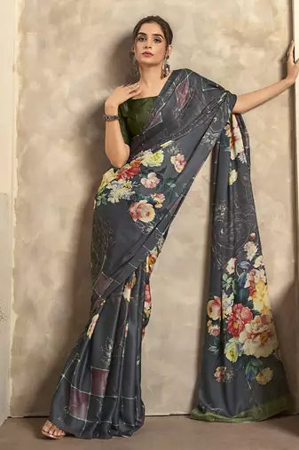 gray satin silk blend digital printed saree