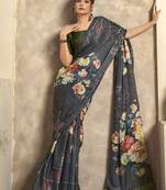 gray satin silk blend digital printed saree