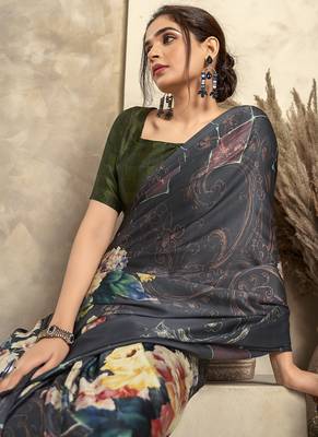 gray satin silk blend digital printed saree 2