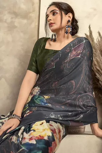 gray satin silk blend digital printed saree