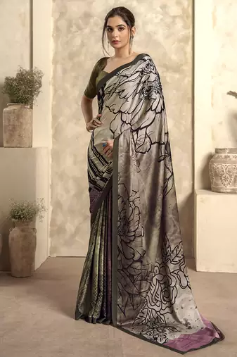 multicolour satin silk blend digital printed saree