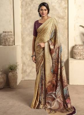 cream satin silk blend digital printed saree 1