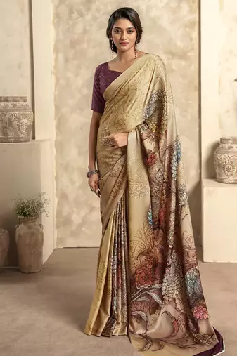 cream satin silk blend digital printed saree