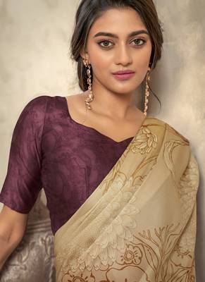 cream satin silk blend digital printed saree 2