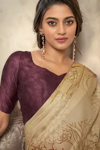 cream satin silk blend digital printed saree