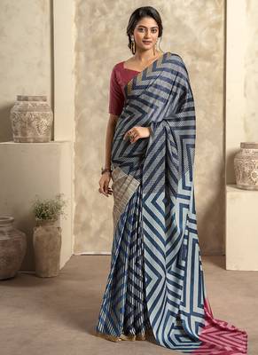 navy blue satin silk blend digital printed saree 1