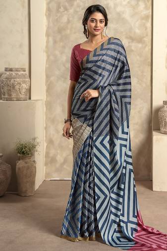 navy blue satin silk blend digital printed saree
