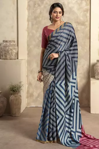 navy blue satin silk blend digital printed saree