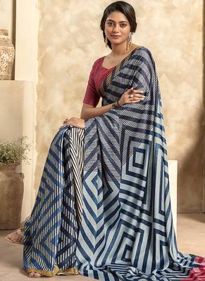 navy blue satin silk blend digital printed saree 2