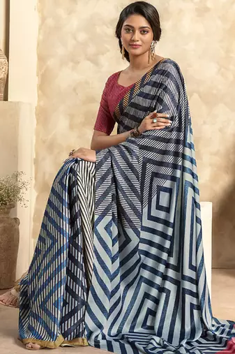 navy blue satin silk blend digital printed saree