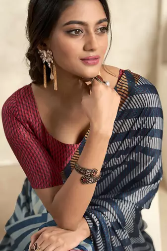 navy blue satin silk blend digital printed saree