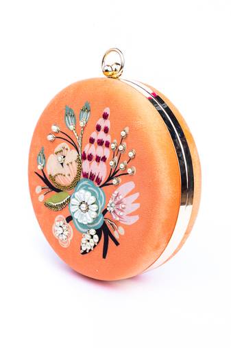 Orange floral embroidered clutch