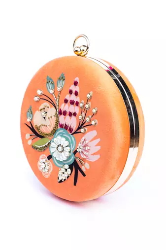 Orange floral embroidered clutch