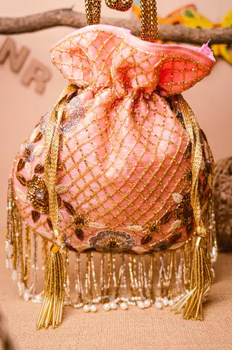 Pink floral embroidered potli bag