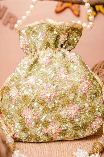 Pink embroidered potli bag