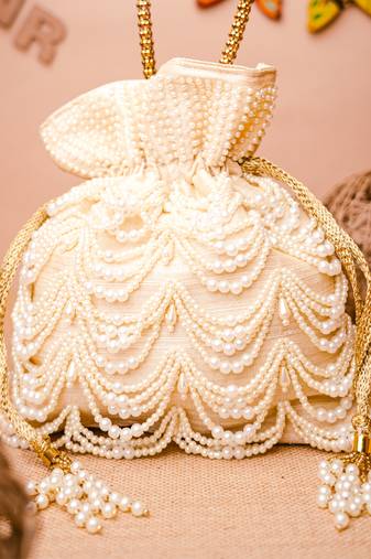 White pearl embroidered potli bag