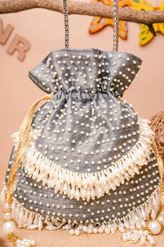 Grey pearl embroidered potli bag