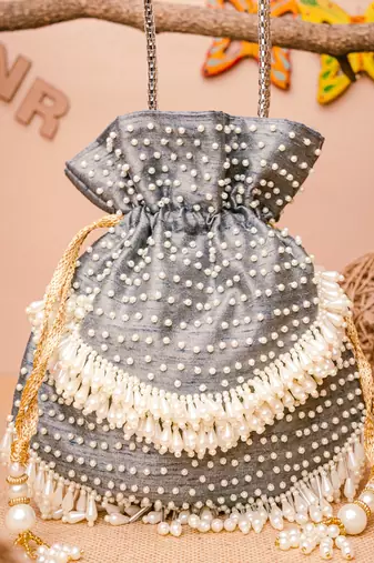 Grey pearl embroidered potli bag
