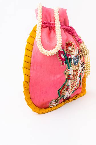 Pink embroidered potli bag