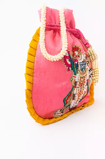 Pink embroidered potli bag
