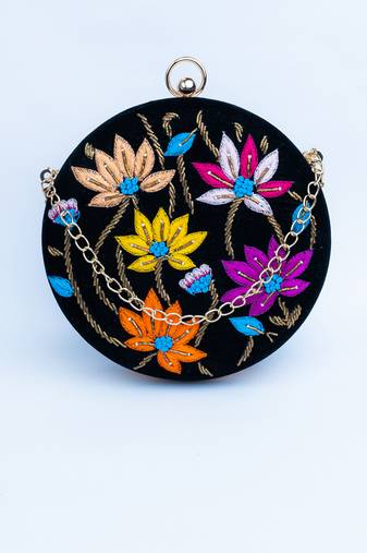 Black floral embroidered clutch