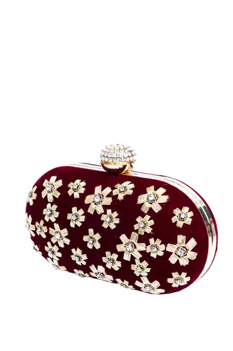 Maroon floral embroidered clutch