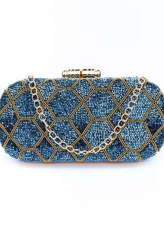 Blue embroidered clutch