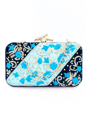 Blue floral embroidered clutch