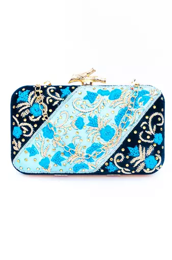Blue floral embroidered clutch