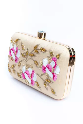 Beige floral embroidered clutch