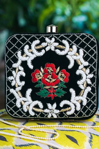 Black floral embroidered clutch
