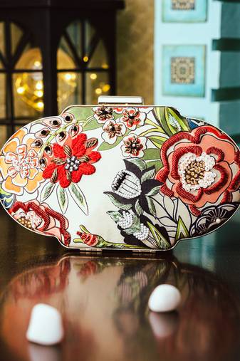 Multicolor floral embroidered clutch
